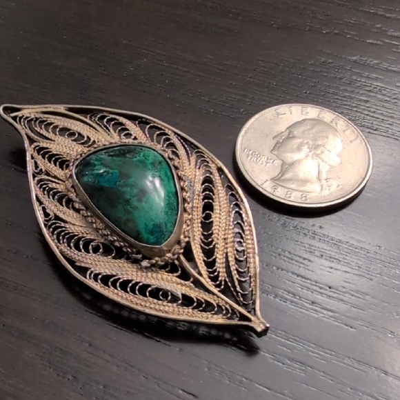 Vtg Israeli sterling silver green eilat stone filigree Leaf Brooch - Picture 4 of 7